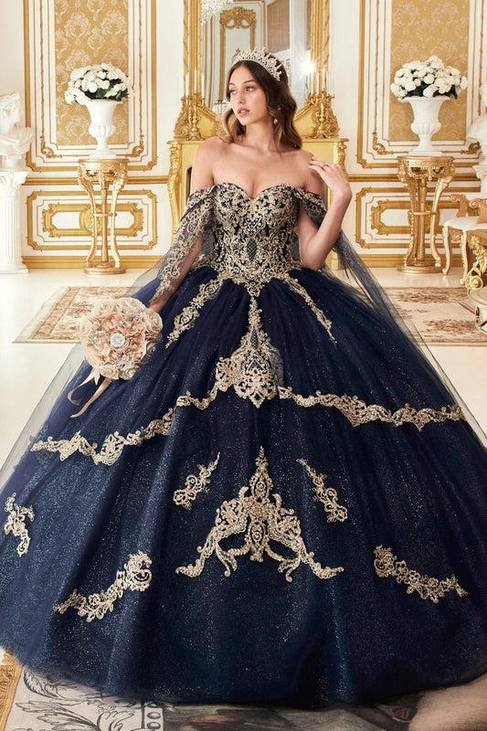 Navy, Burgundy, Emerald | Glitter Quinceañera Ball Gown with Gold Embroidery & Off-Shoulder Sleeves CD15711