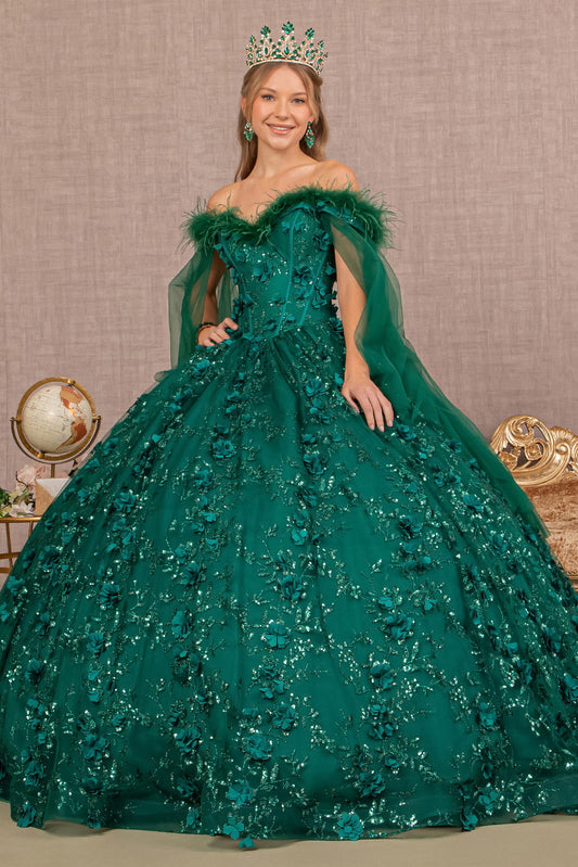 Mesh w/ Side Drape and Detachable Feather Embellishment Quinceanera Dress GLGL3101