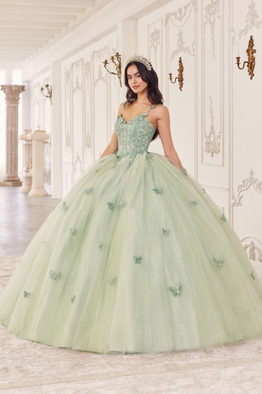 Sage Green | Butterfly Tulle Quinceañera Ball Gown with Beaded Bodice & Sweetheart Neckline CD15718