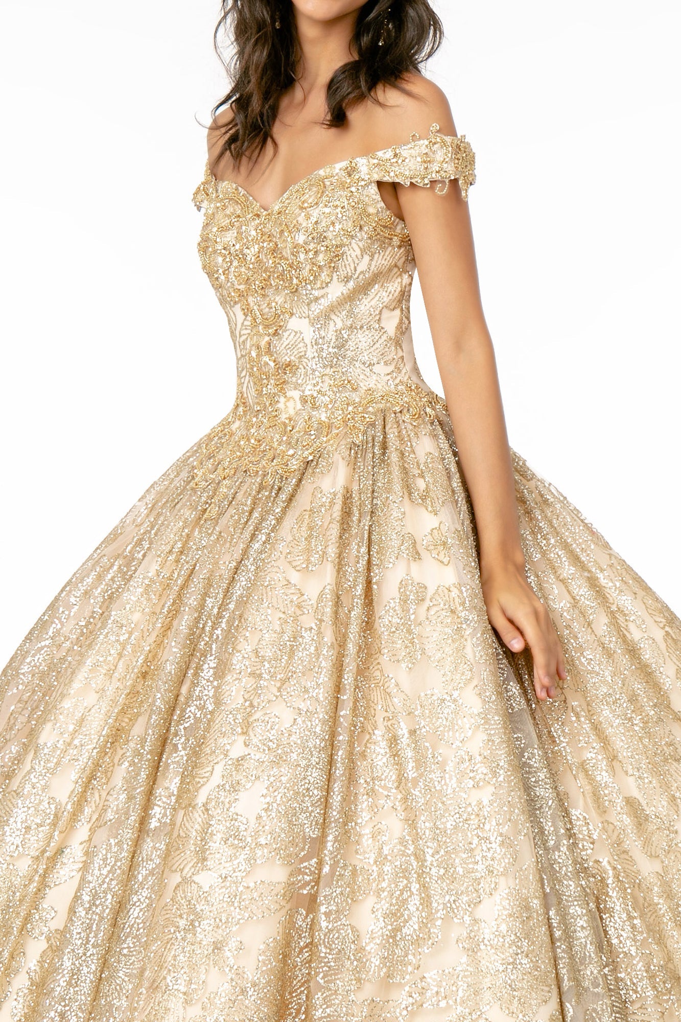 Sweetheart Neckline Cut-Away Shoulder Glitter Mesh Long Quinceanera Dress GLGL1820