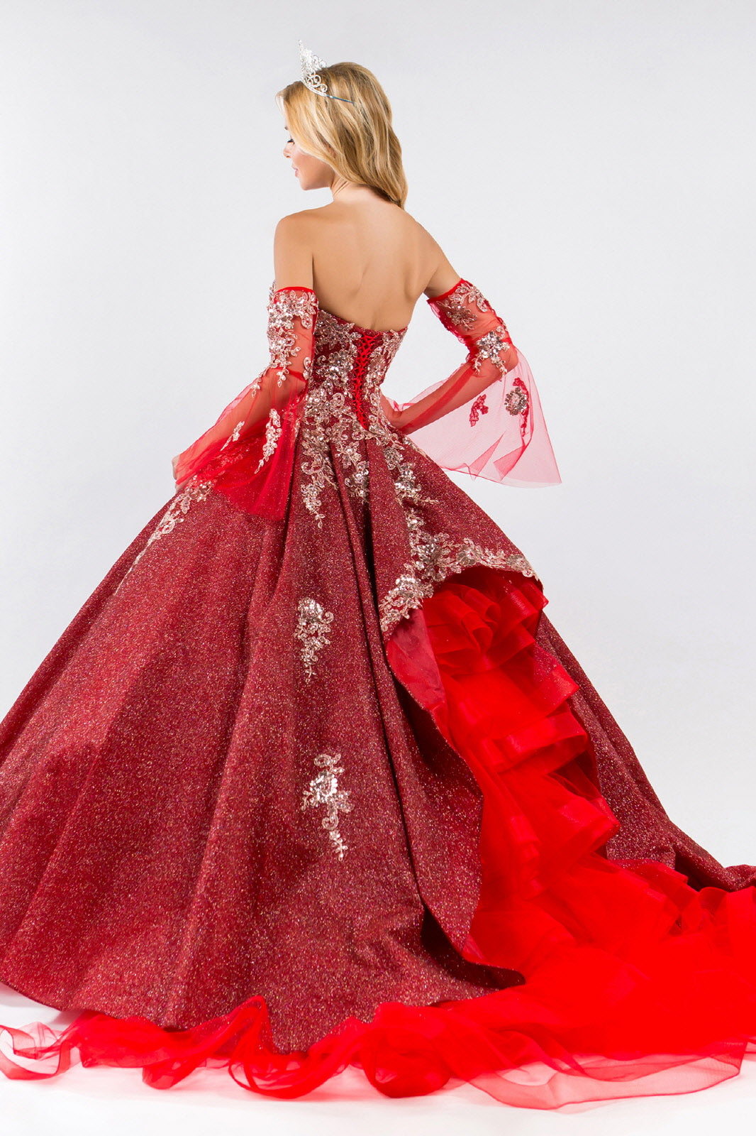 Sweethearted Ruffle Tail w/ Detached Mesh Sleeve Long Quinceanera Dress - Mask Not Included GLGL1912