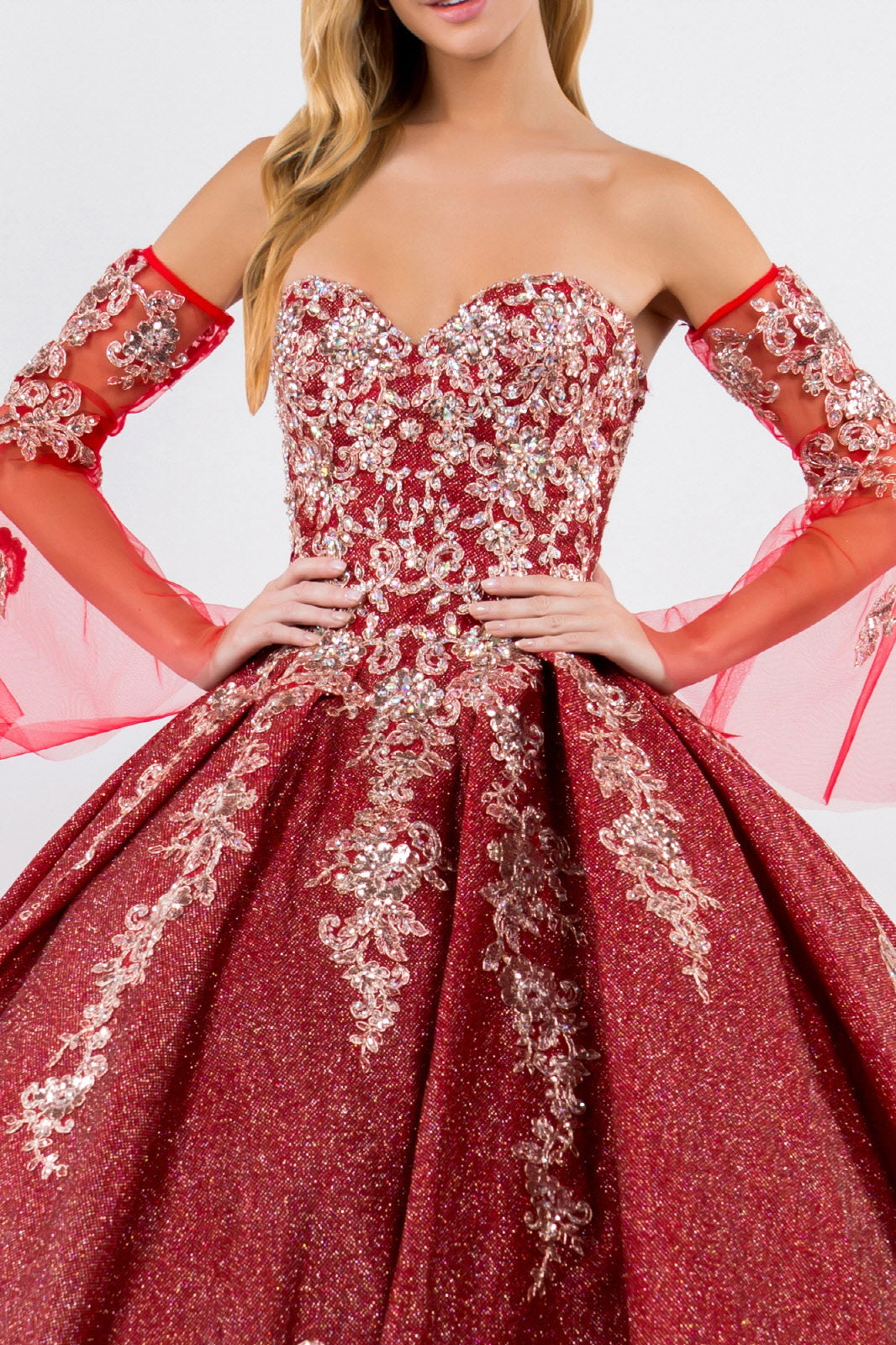 Sweethearted Ruffle Tail w/ Detached Mesh Sleeve Long Quinceanera Dress - Mask Not Included GLGL1912