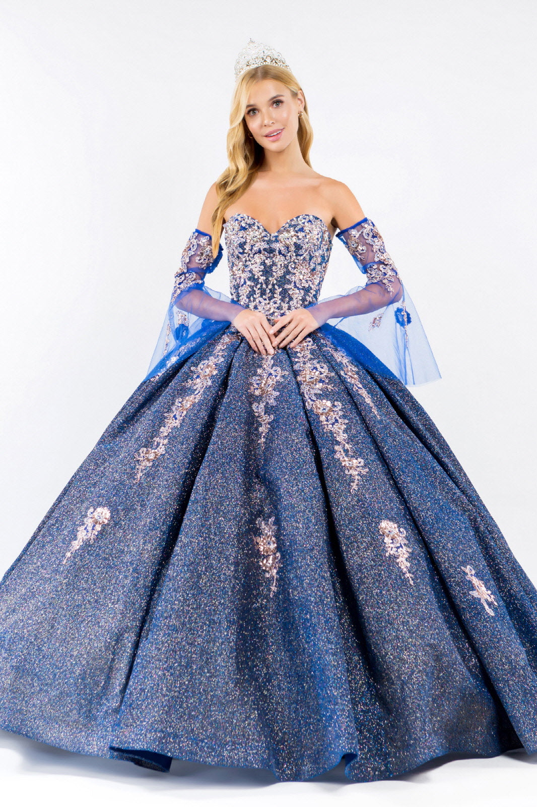Sweethearted Ruffle Tail w/ Detached Mesh Sleeve Long Quinceanera Dress - Mask Not Included GLGL1912