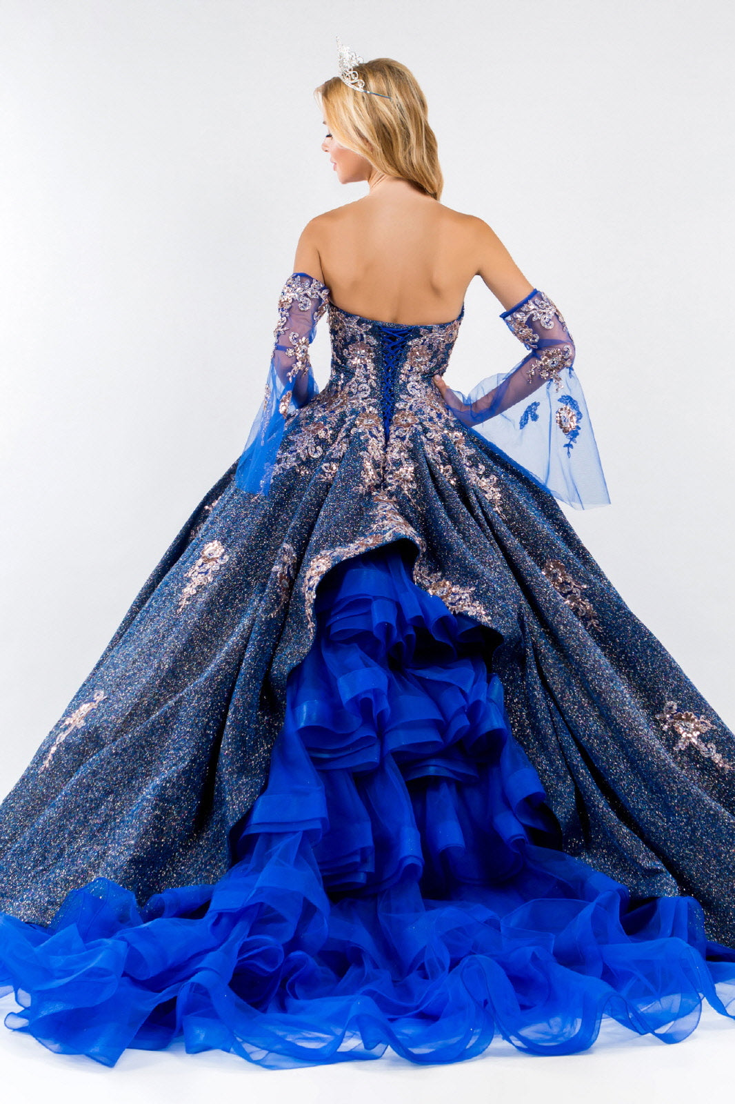Sweethearted Ruffle Tail w/ Detached Mesh Sleeve Long Quinceanera Dress - Mask Not Included GLGL1912