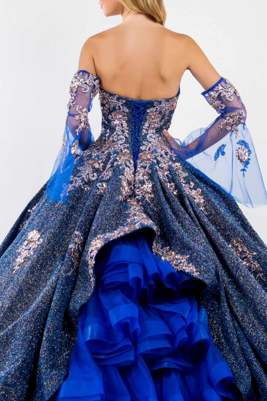 Sweethearted Ruffle Tail w/ Detached Mesh Sleeve Long Quinceanera Dress - Mask Not Included GLGL1912