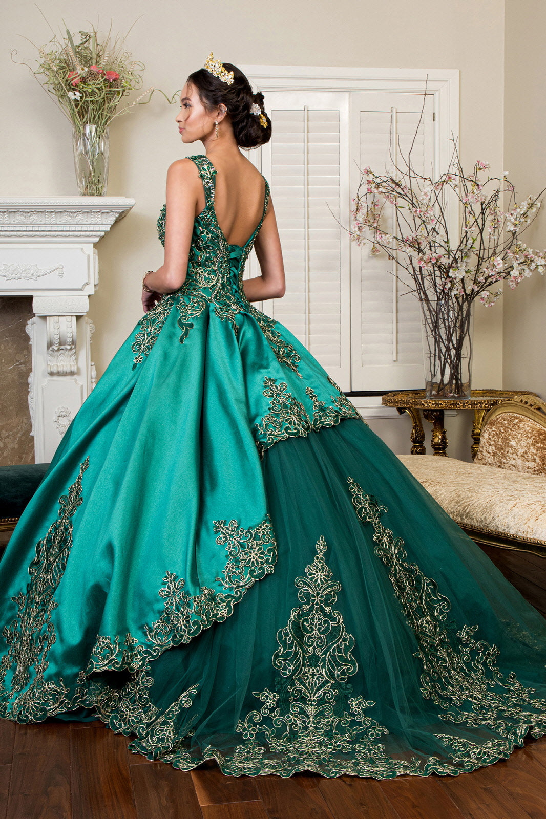 Embroidered Mesh Strap Satin w/ Mesh Tail Quinceanera Dress - Mask Not Included GLGL1930