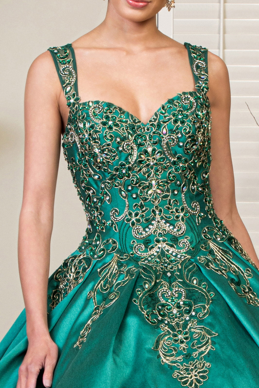 Embroidered Mesh Strap Satin w/ Mesh Tail Quinceanera Dress - Mask Not Included GLGL1930