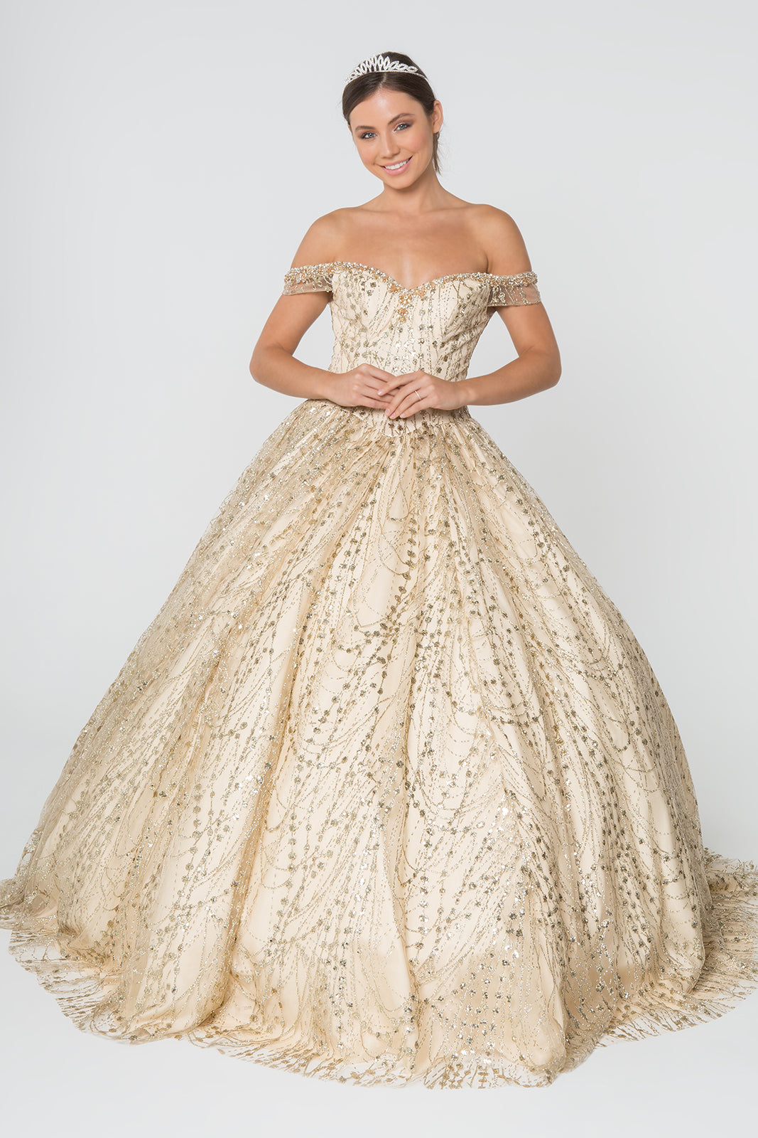 Sweetheart Neck Cut-Away Shoulder Glitter Mesh Long Ball Dress GLGL2831