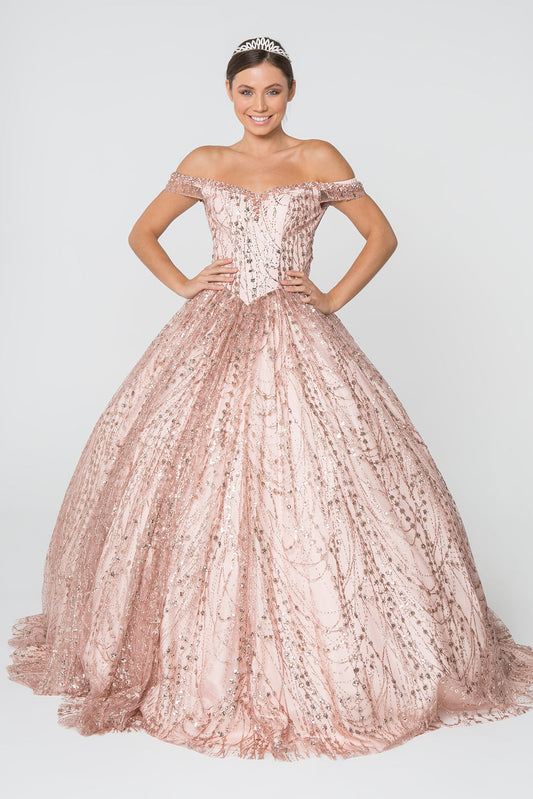 Sweetheart Neck Cut-Away Shoulder Glitter Mesh Long Ball Dress GLGL2831
