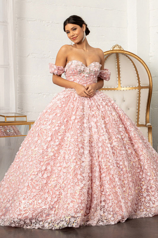 Jewel Embellished Quinceanera Mesh Gown w/ 3D Applique and Corset Bodice GLGL3019