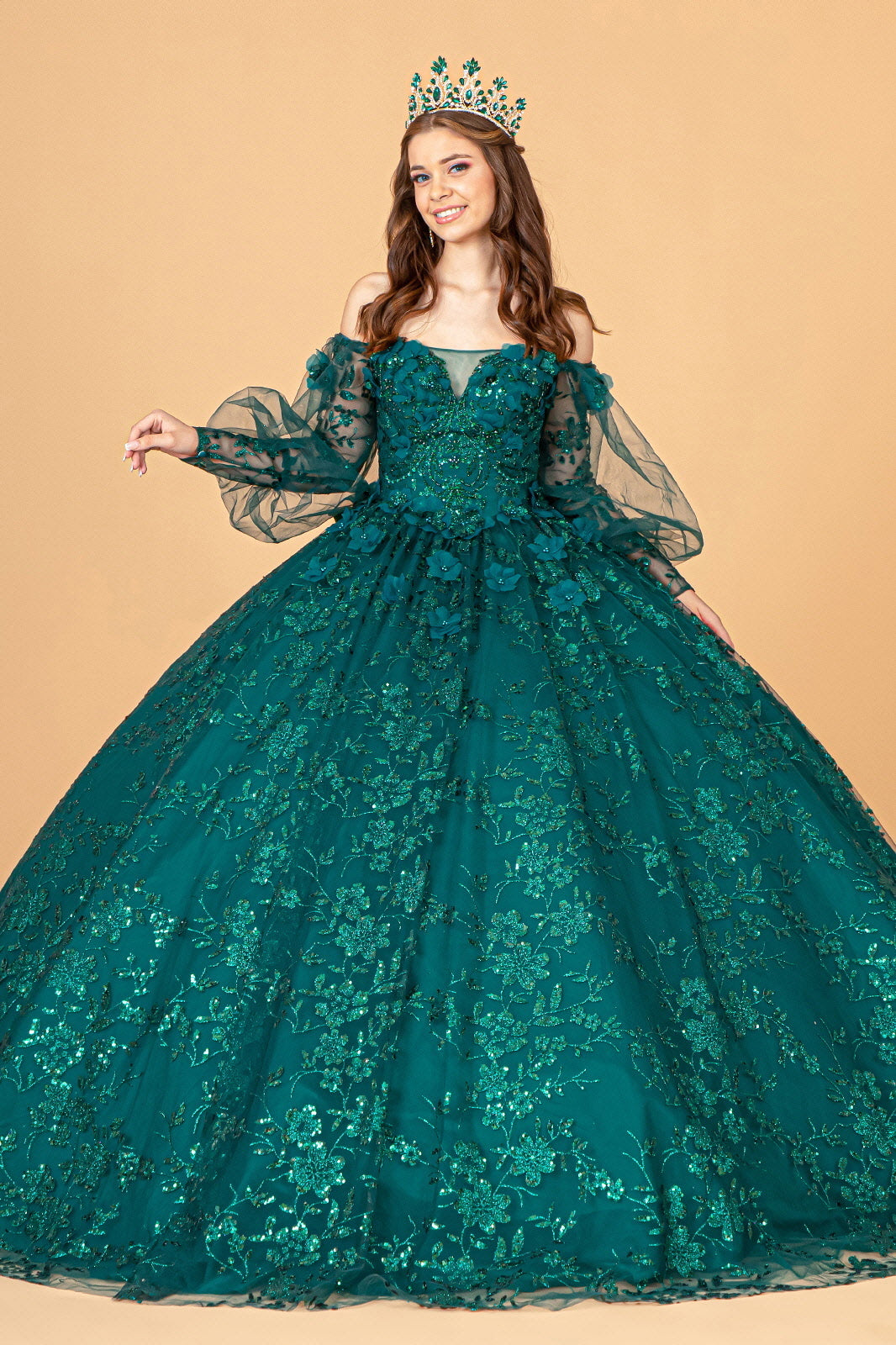 Mesh Long Sleeves w/ Detachable Ribbon and Mini Bag Quinceanera Dress GLGL3071