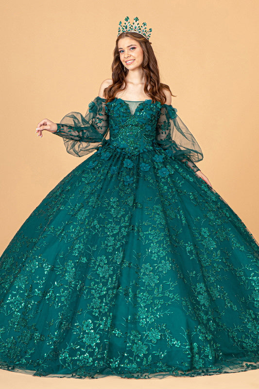 Mesh Long Sleeves w/ Detachable Ribbon and Mini Bag Quinceanera Dress GLGL3071