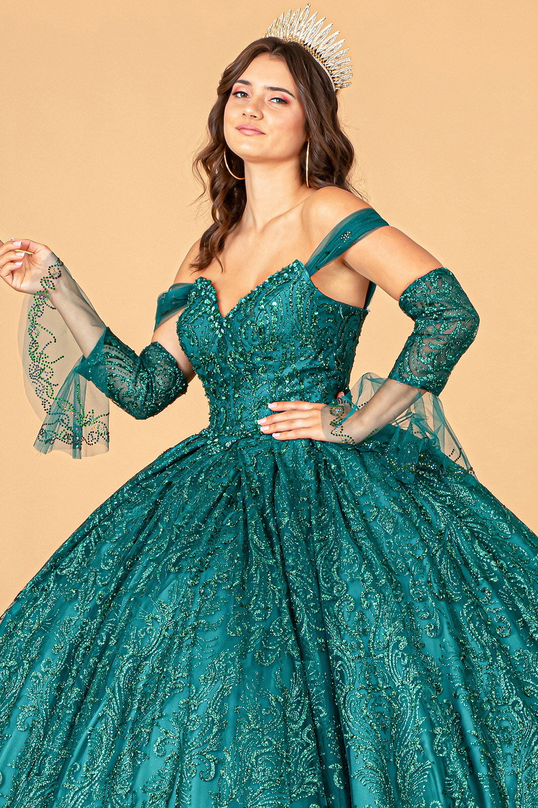 Jewel Mesh w/ Mini Bag and Separate Long Sleeves Quinceanera Dress GLGL3073
