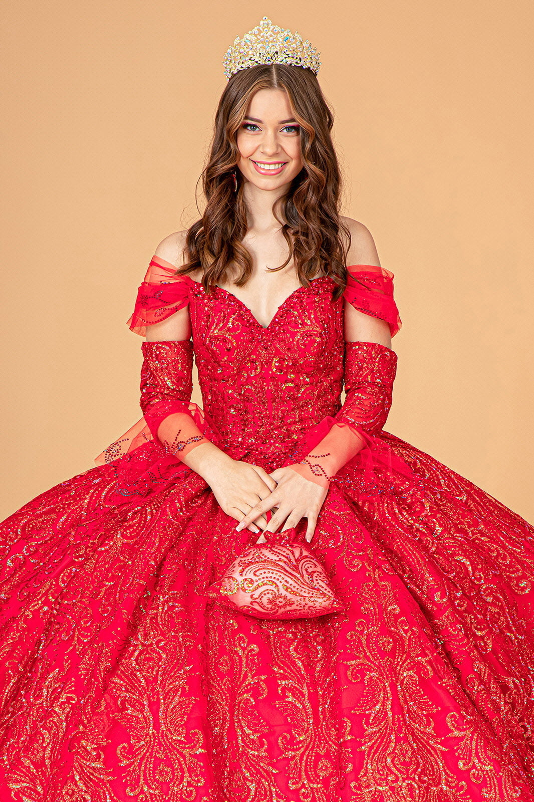 Jewel Mesh w/ Mini Bag and Separate Long Sleeves Quinceanera Dress GLGL3073