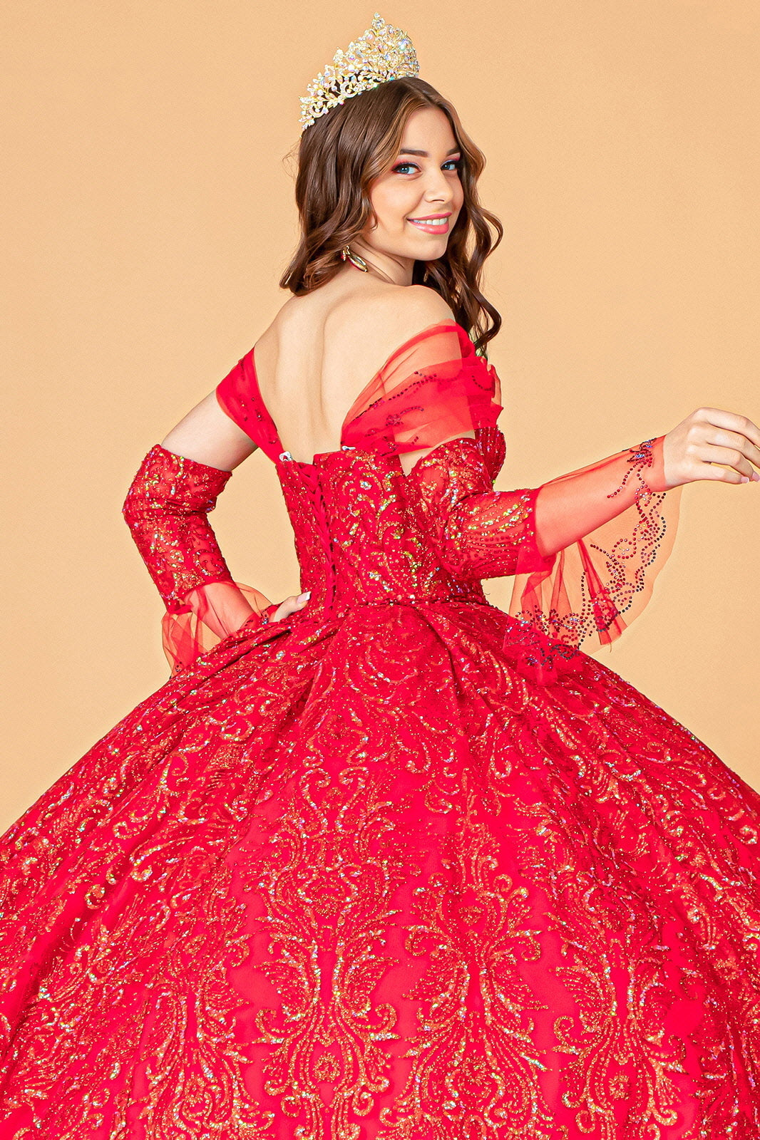Jewel Mesh w/ Mini Bag and Separate Long Sleeves Quinceanera Dress GLGL3073