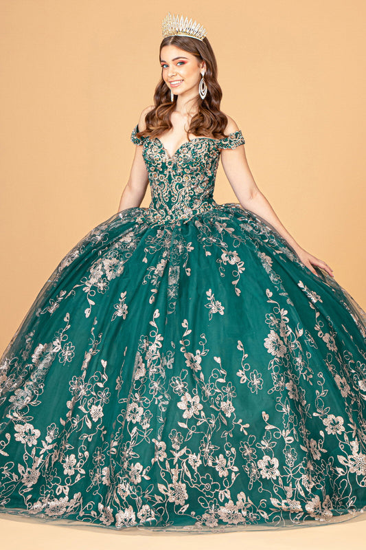 Embroidered Off Shoulder Mesh w/ Separate Long Sleeves Quinceanera Dress GLGL3074