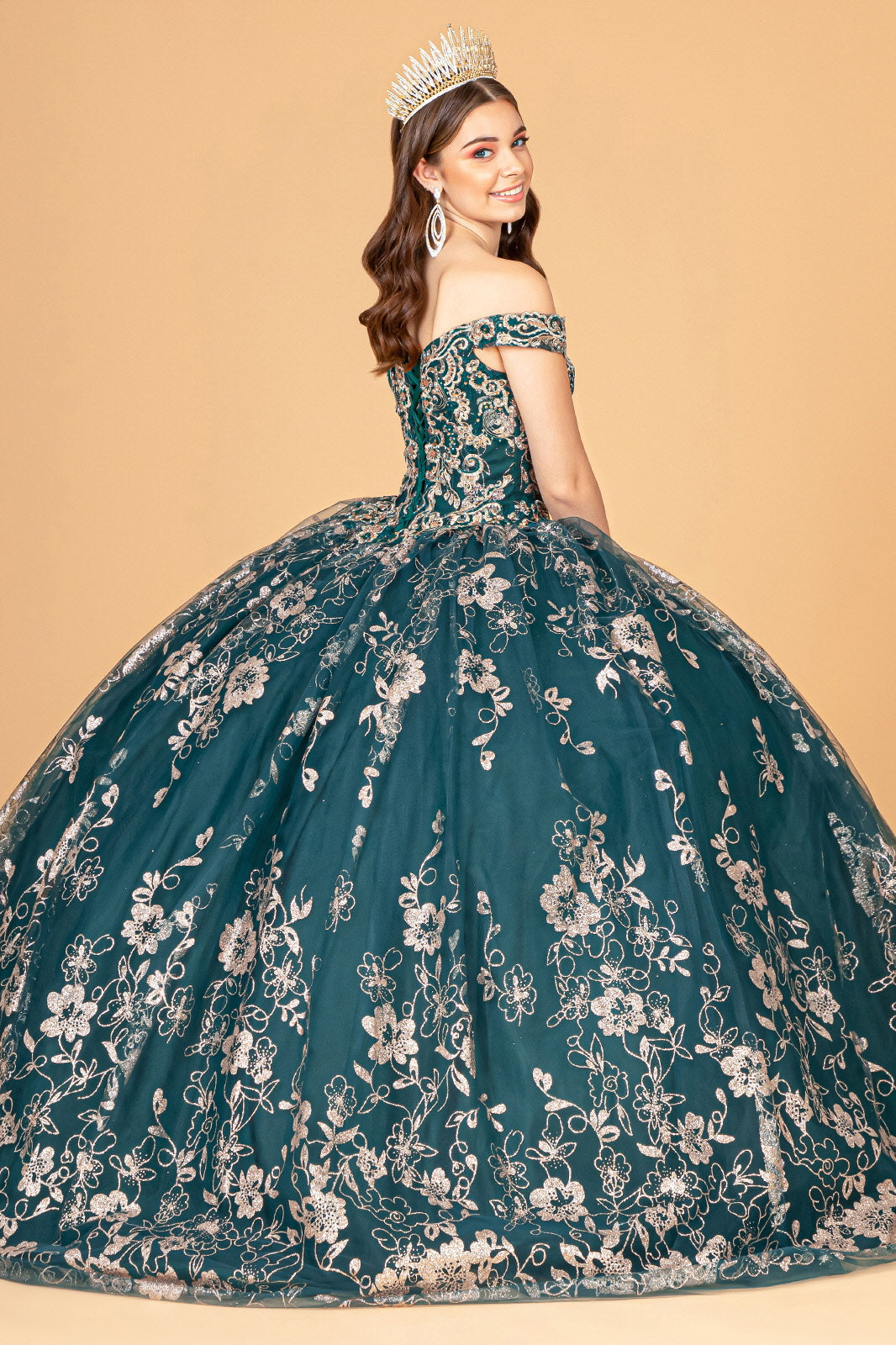 Embroidered Off Shoulder Mesh w/ Separate Long Sleeves Quinceanera Dress GLGL3074
