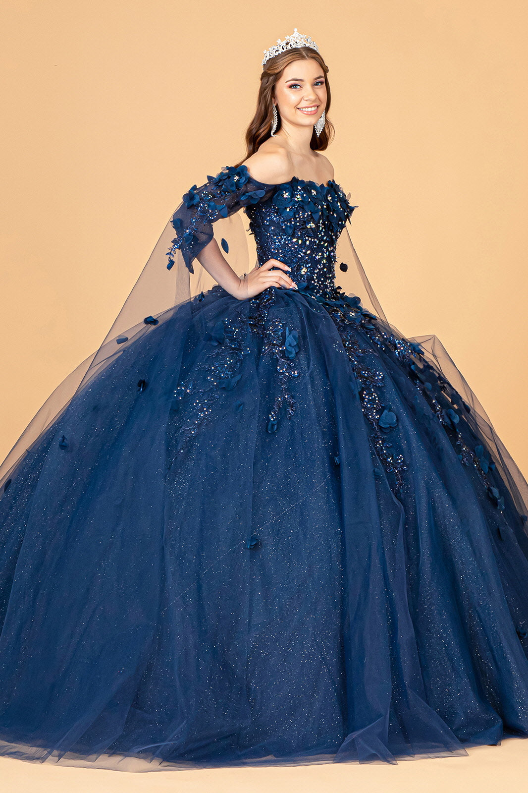 Off Shoulder Mesh w/ Shoulder Side Mesh Drapes Quinceanera Dress GLGL3075