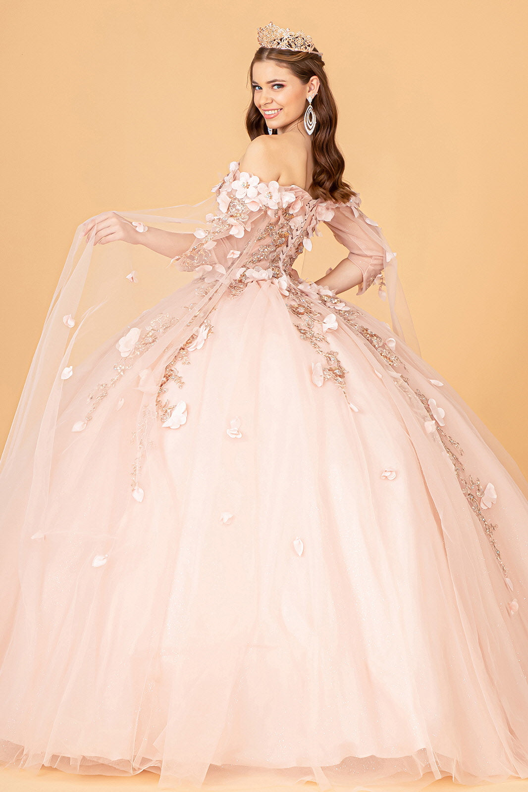 Off Shoulder Mesh w/ Shoulder Side Mesh Drapes Quinceanera Dress GLGL3075