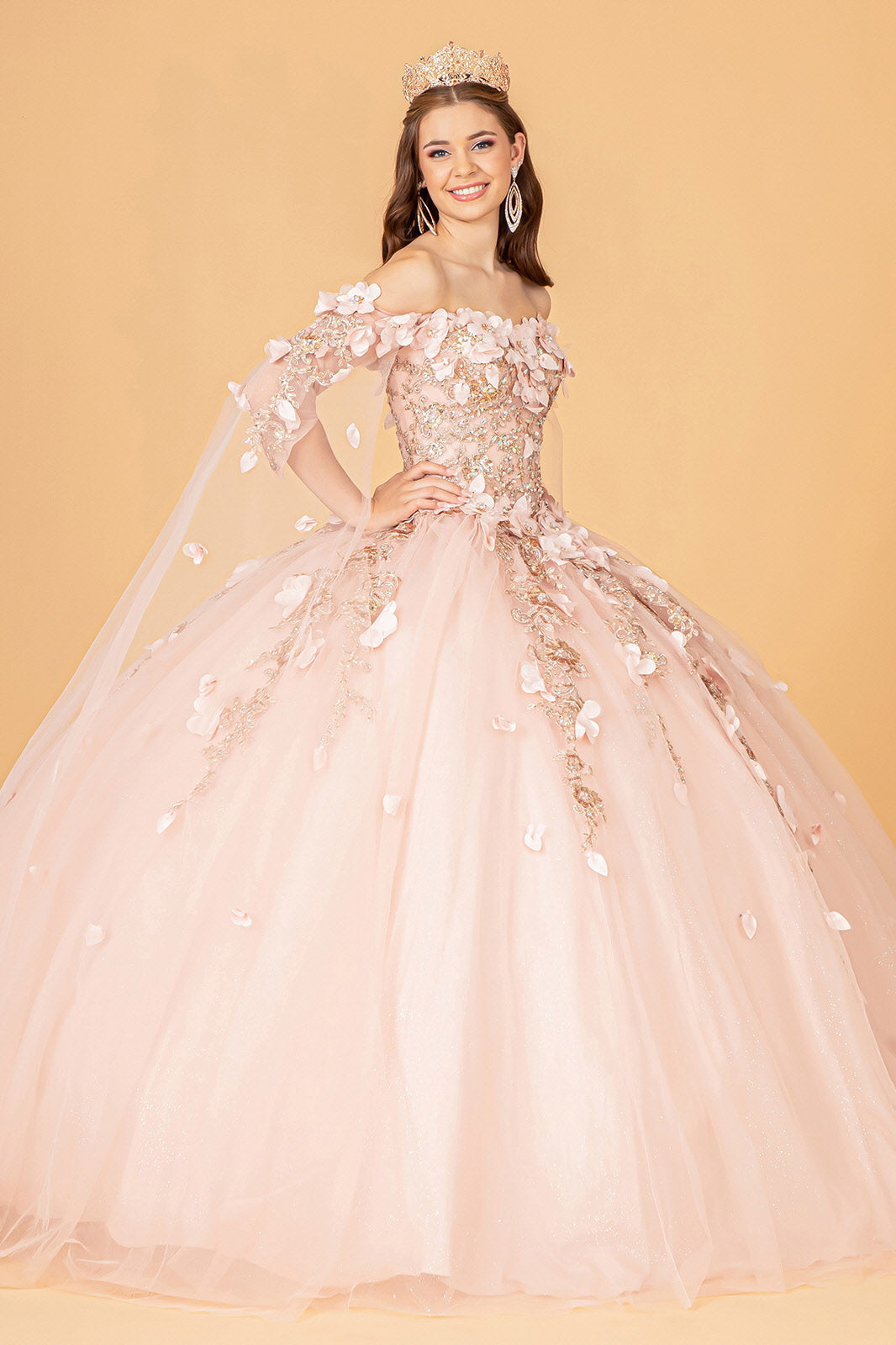 Off Shoulder Mesh w/ Shoulder Side Mesh Drapes Quinceanera Dress GLGL3075
