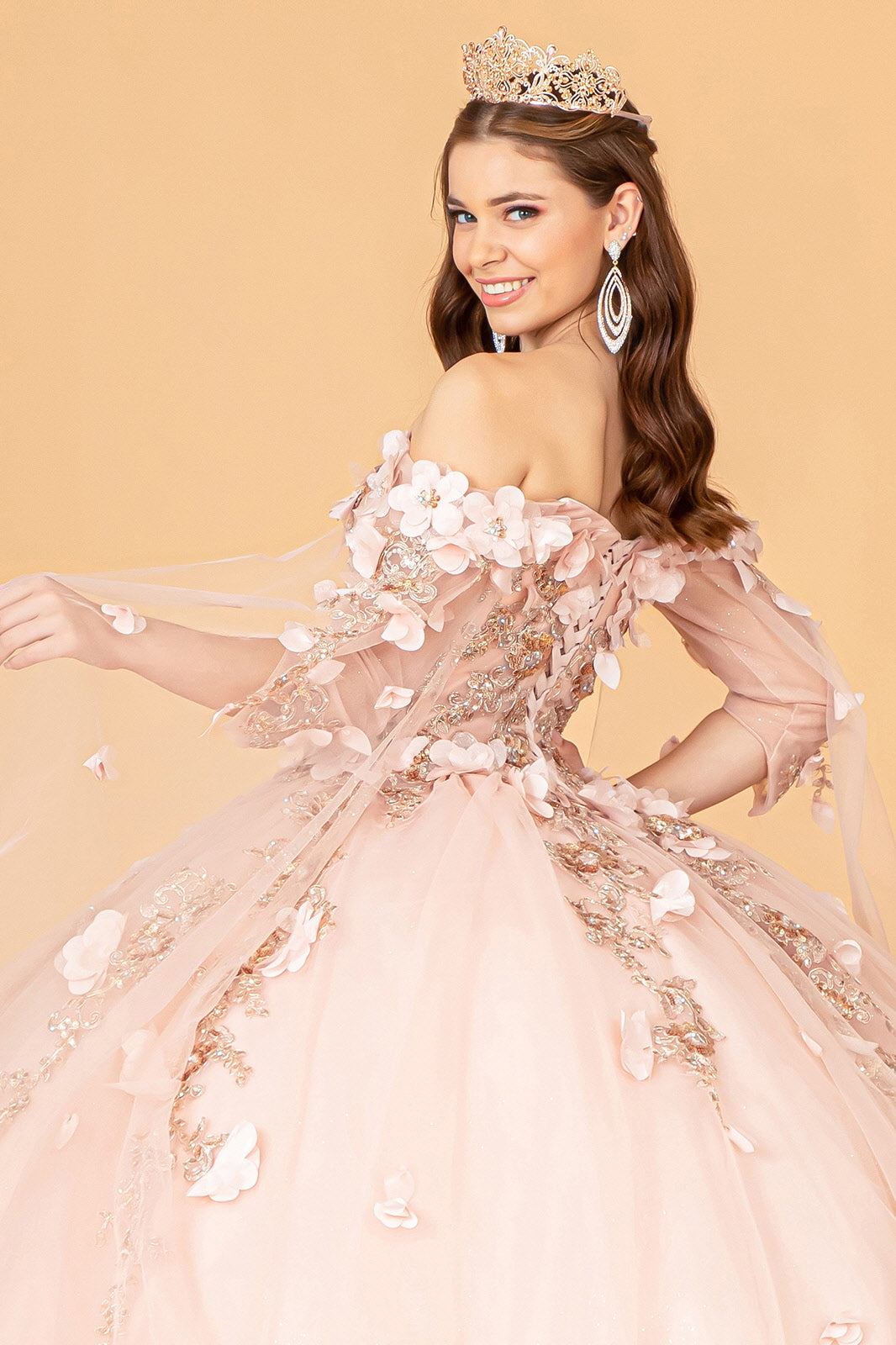 Off Shoulder Mesh w/ Shoulder Side Mesh Drapes Quinceanera Dress GLGL3075