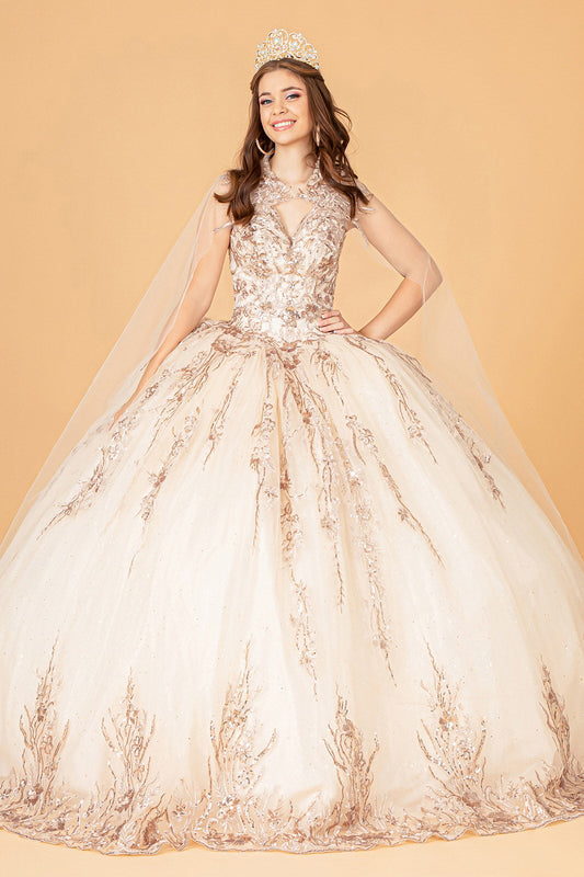 Sequins Embellished Long Quinceanera Gown w/ Detachable Cape GLGL3076