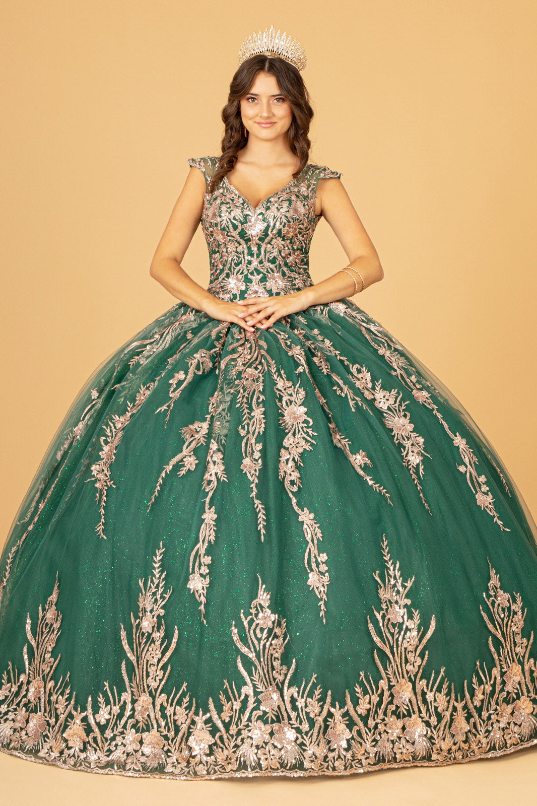 Sequins Embellished Long Quinceanera Gown w/ Detachable Cape GLGL3076
