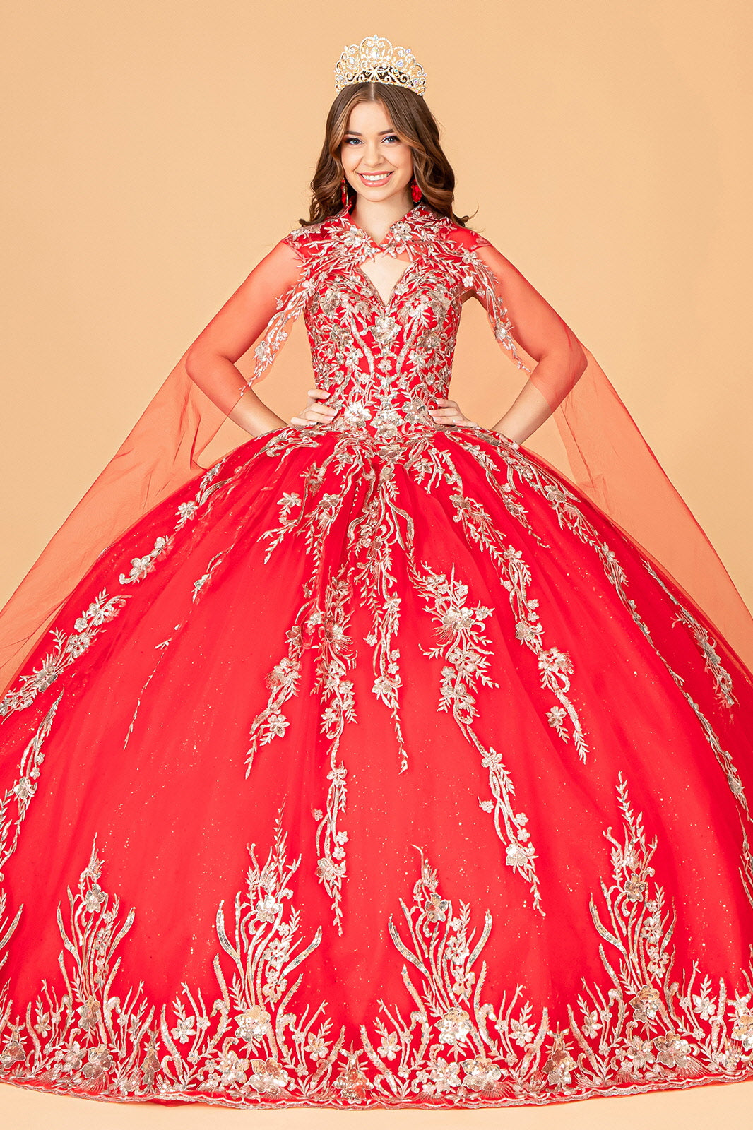 Sequins Embellished Long Quinceanera Gown w/ Detachable Cape GLGL3076