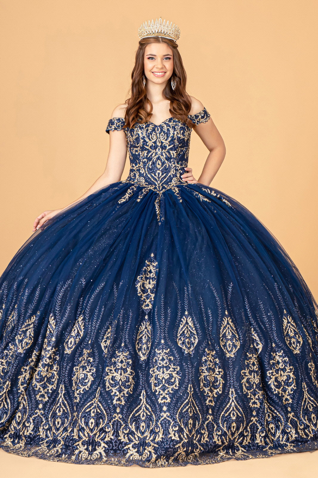Glitter Mesh w/ Sequin and Beads Long Quinceanera Dress GLGL3079