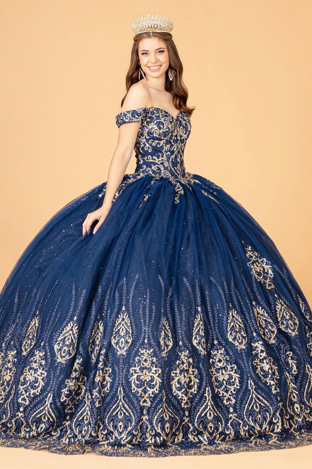 Glitter Mesh w/ Sequin and Beads Long Quinceanera Dress GLGL3079