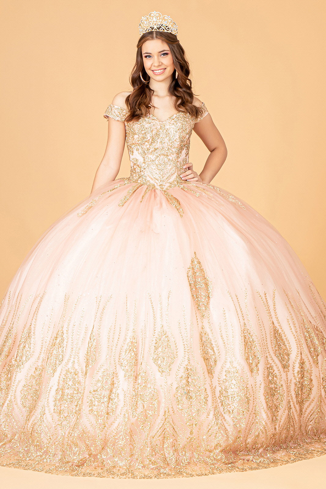 Glitter Mesh w/ Sequin and Beads Long Quinceanera Dress GLGL3079