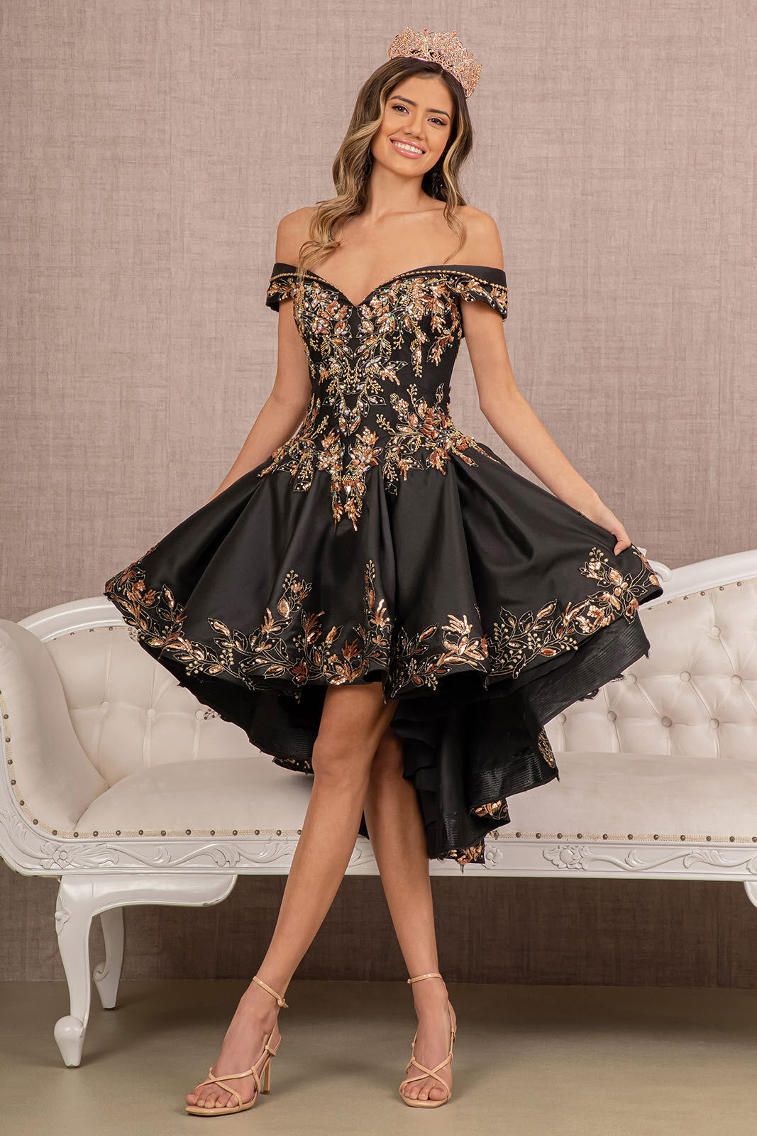 Off Shoulder Satin Quinceanera Embellished with Gold Embroidery Ball Dress GLGL3098