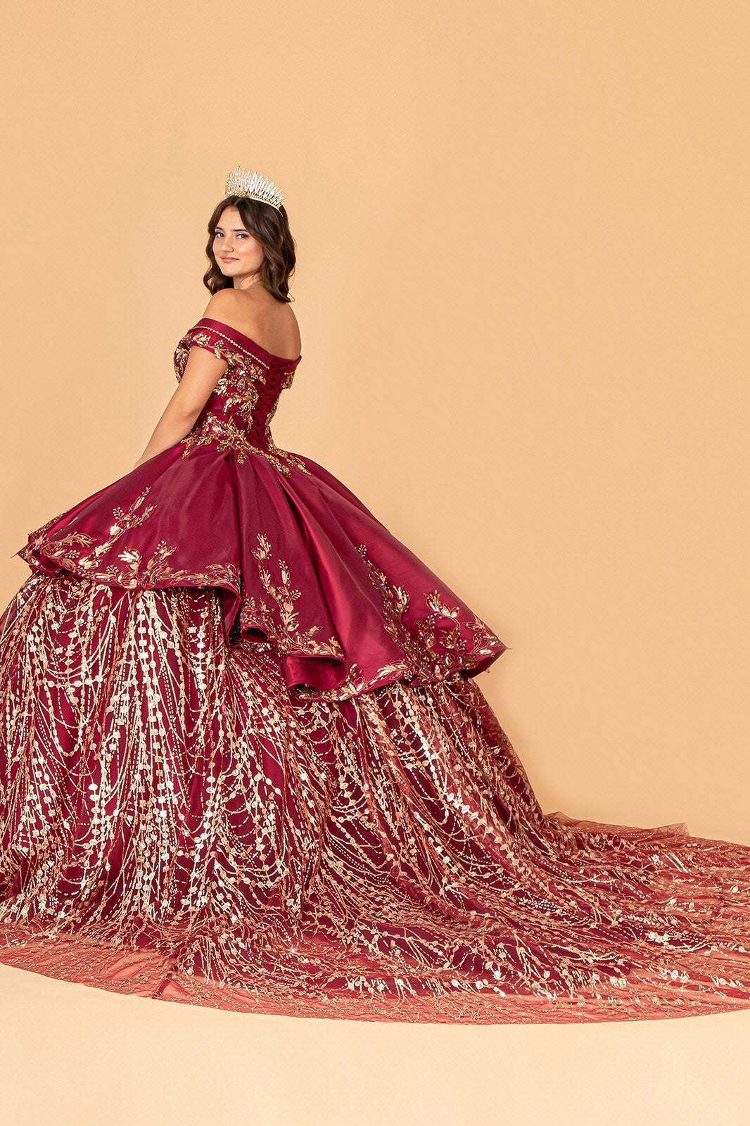 Off Shoulder Satin Quinceanera Embellished with Gold Embroidery Ball Dress GLGL3098