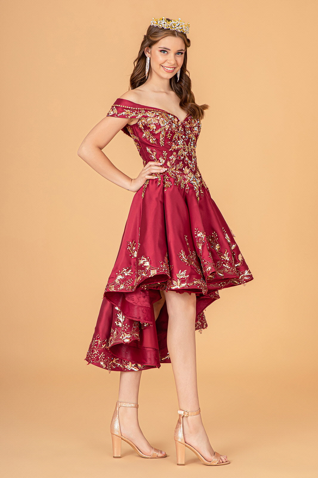 Off Shoulder Satin Quinceanera Embellished with Gold Embroidery Ball Dress GLGL3098
