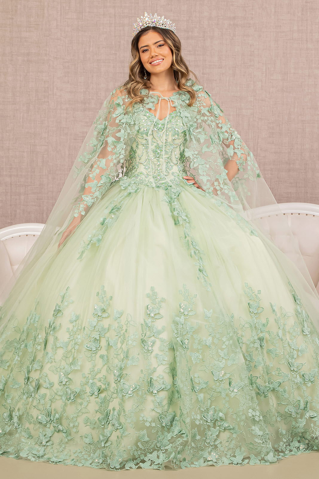 Jewel Mesh w/ 3D Butterfly Appliques and Long Mesh Cape Quinceanera Dress GLGL3104