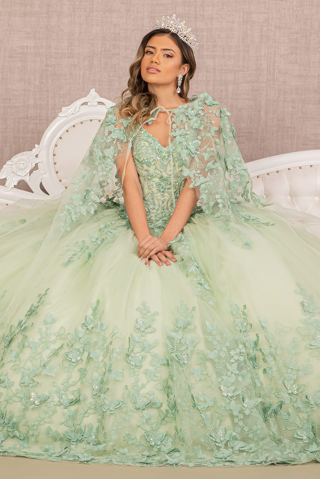 Jewel Mesh w/ 3D Butterfly Appliques and Long Mesh Cape Quinceanera Dress GLGL3104