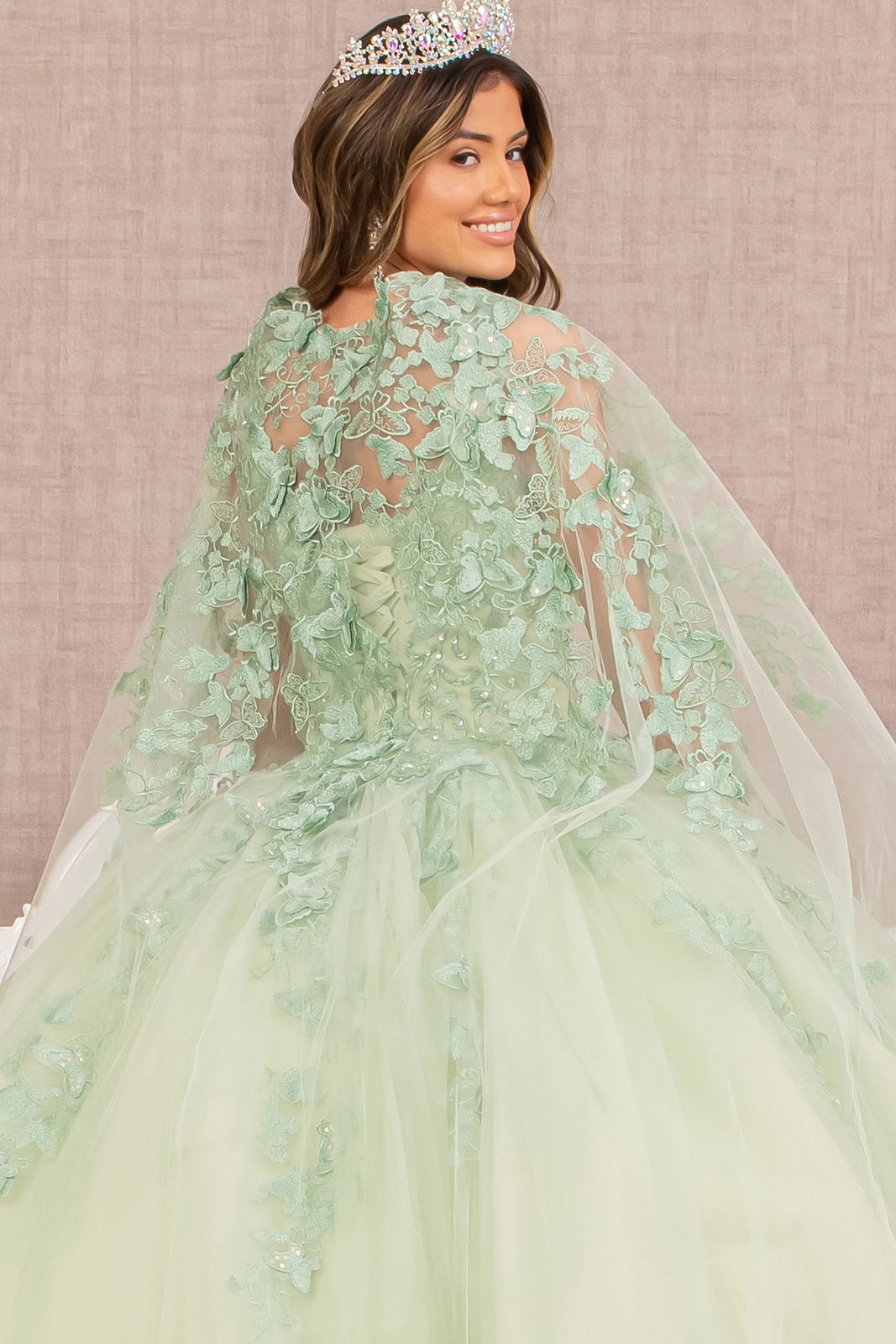 Jewel Mesh w/ 3D Butterfly Appliques and Long Mesh Cape Quinceanera Dress GLGL3104