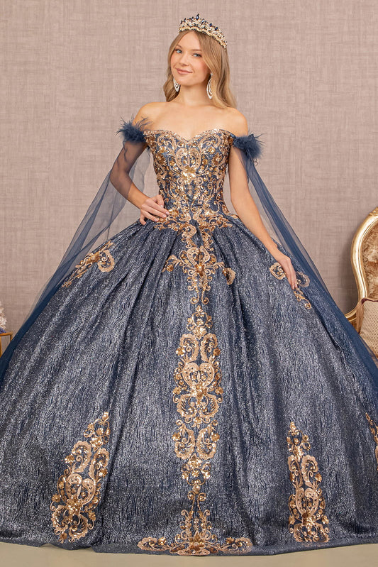 Feather Sequin w/ Detachable Side Mesh Layer Quinceanera Dress GLGL3107