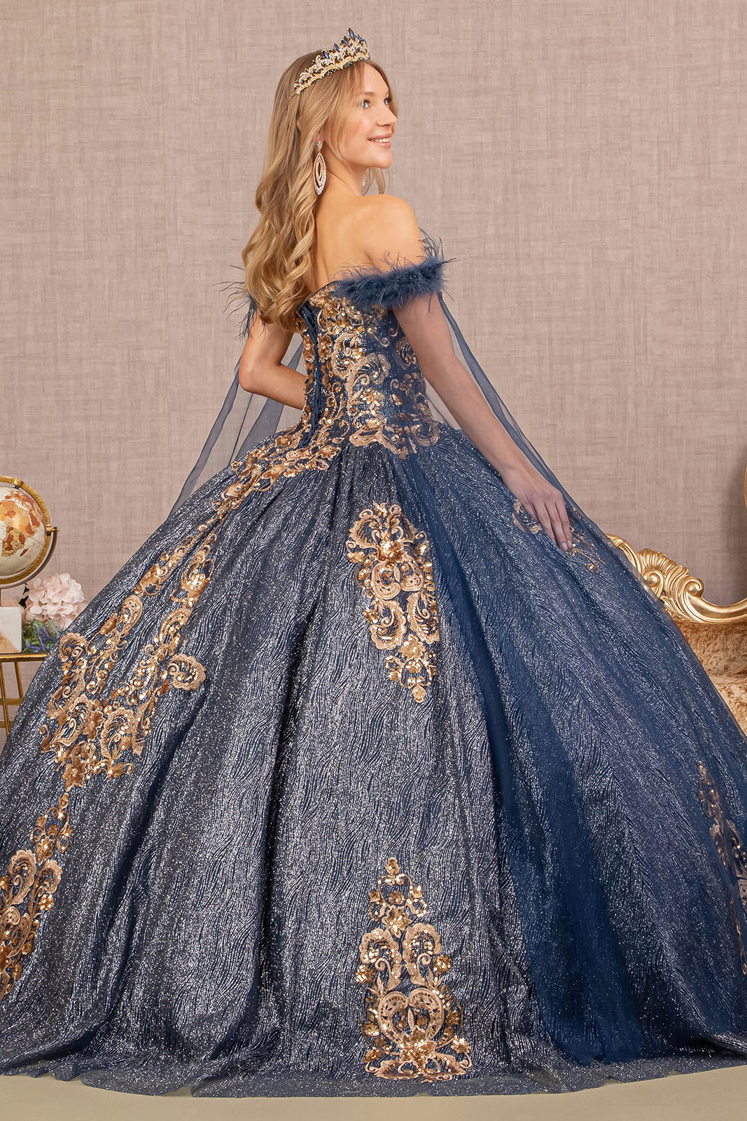 Feather Sequin w/ Detachable Side Mesh Layer Quinceanera Dress GLGL3107