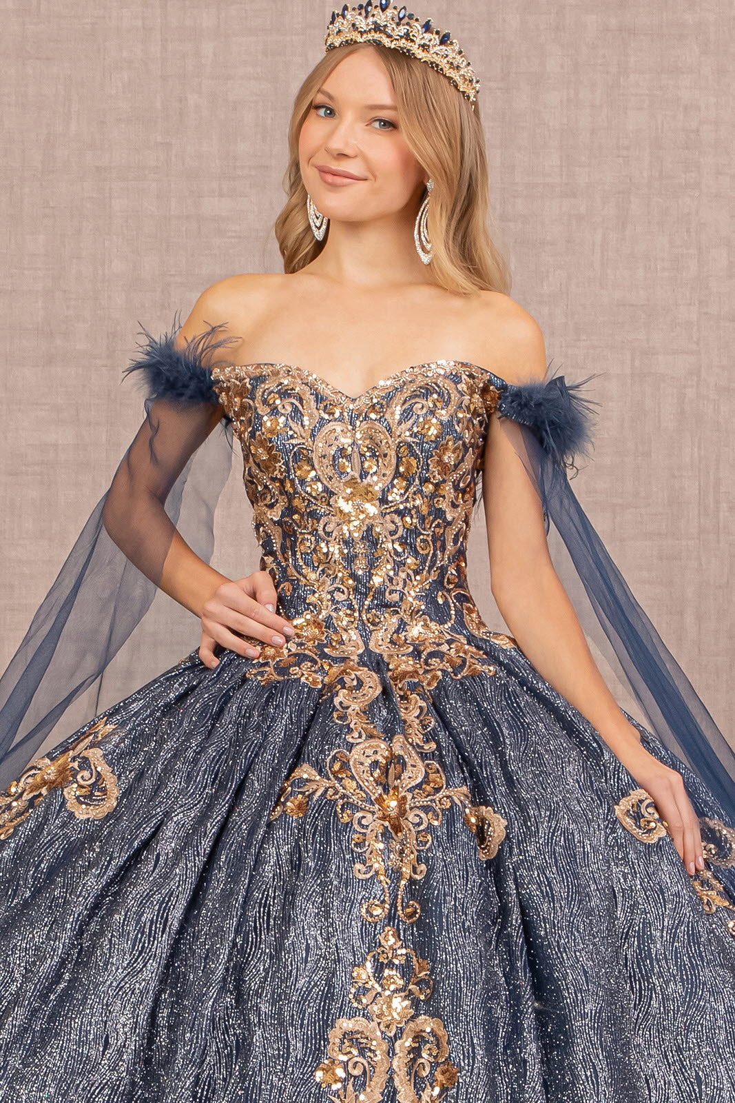 Feather Sequin w/ Detachable Side Mesh Layer Quinceanera Dress GLGL3107