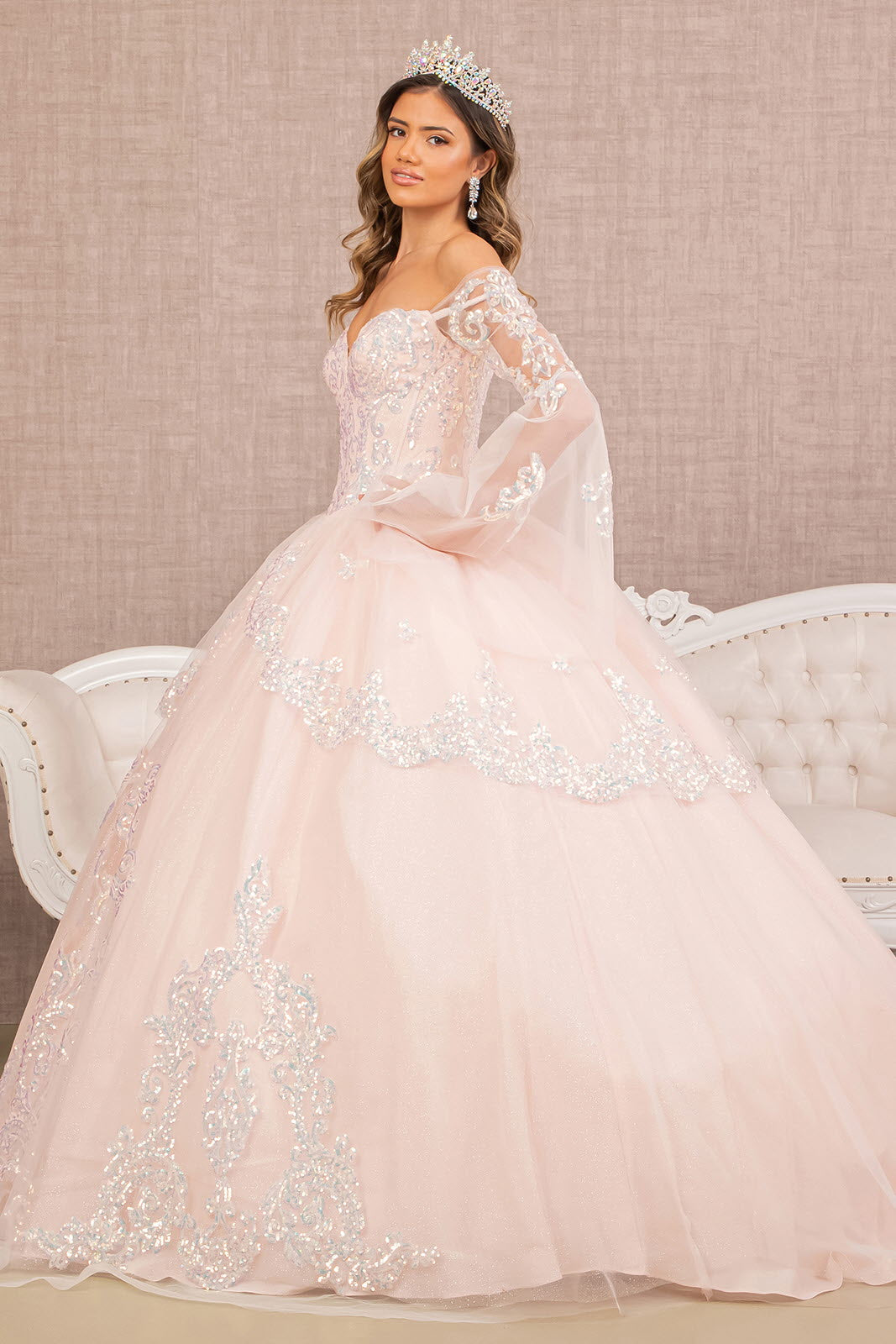 Glitter Layered Hem w/ Long Mesh Sleeves Quinceanera Dress GLGL3109