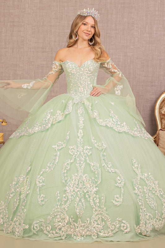 Glitter Layered Hem w/ Long Mesh Sleeves Quinceanera Dress GLGL3109