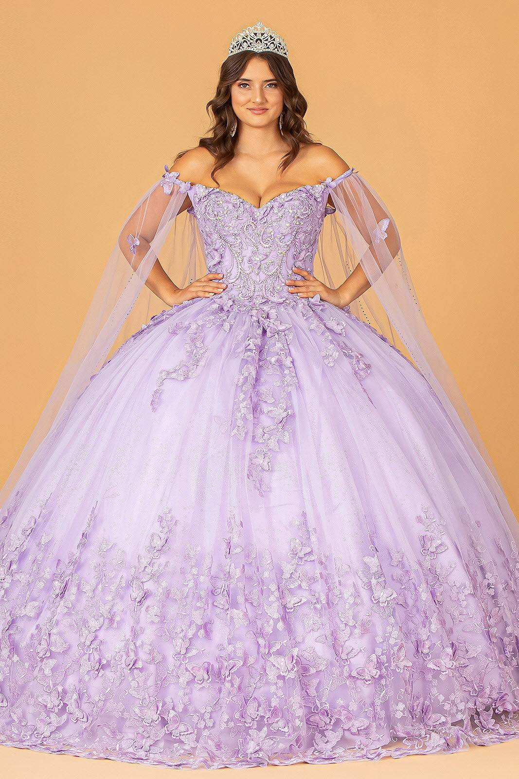 3D Butterfly Applique Glitter w/ Long Mesh Layer Quinceanera Dress GLGL3110