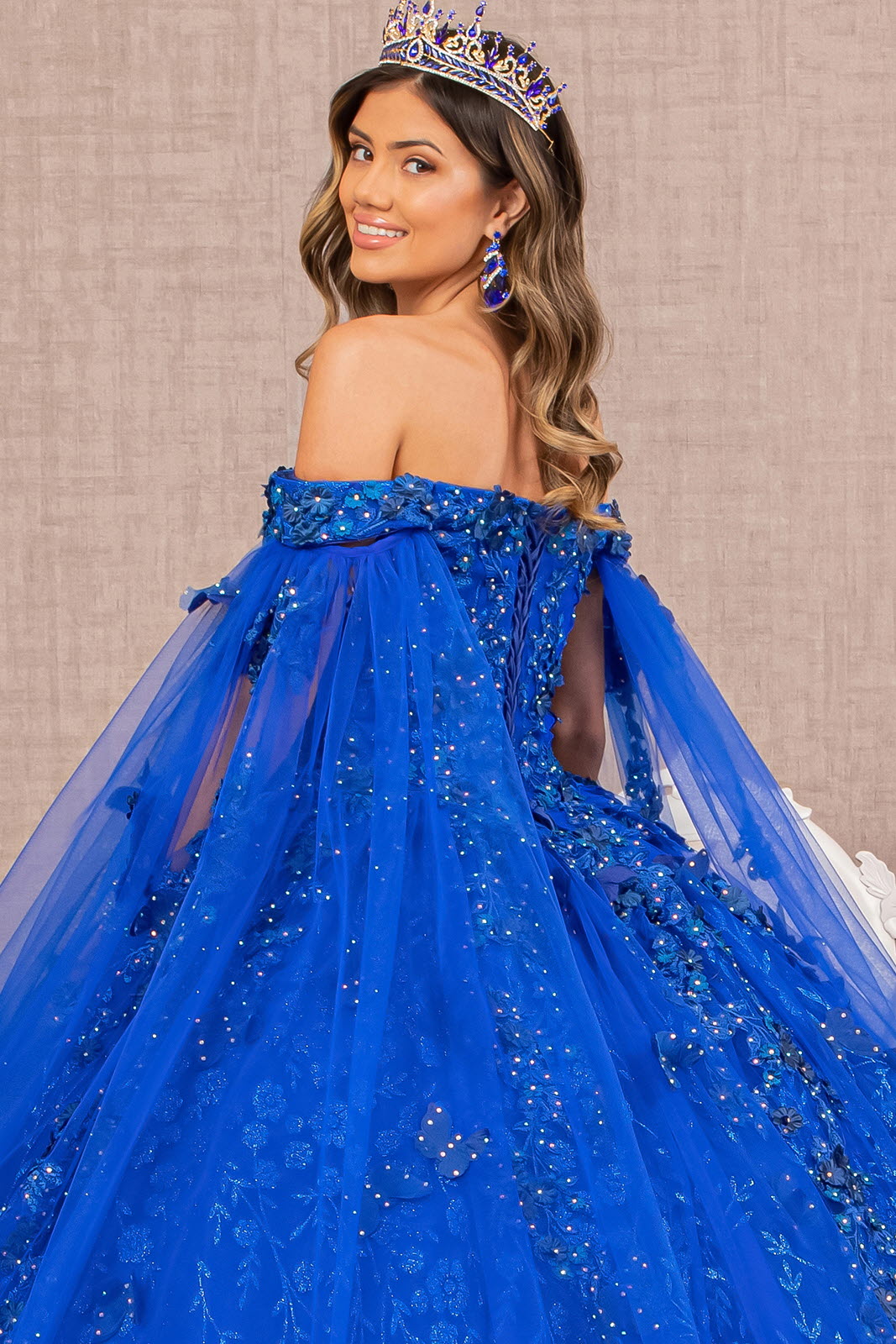 Embroidery Glitter w/ Long Mesh Layer Quinceanera Dress GLGL3111