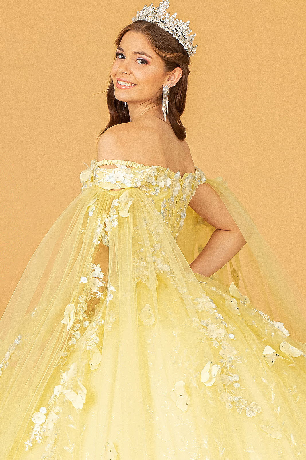 Embroidery Glitter w/ Long Mesh Layer Quinceanera Dress GLGL3111
