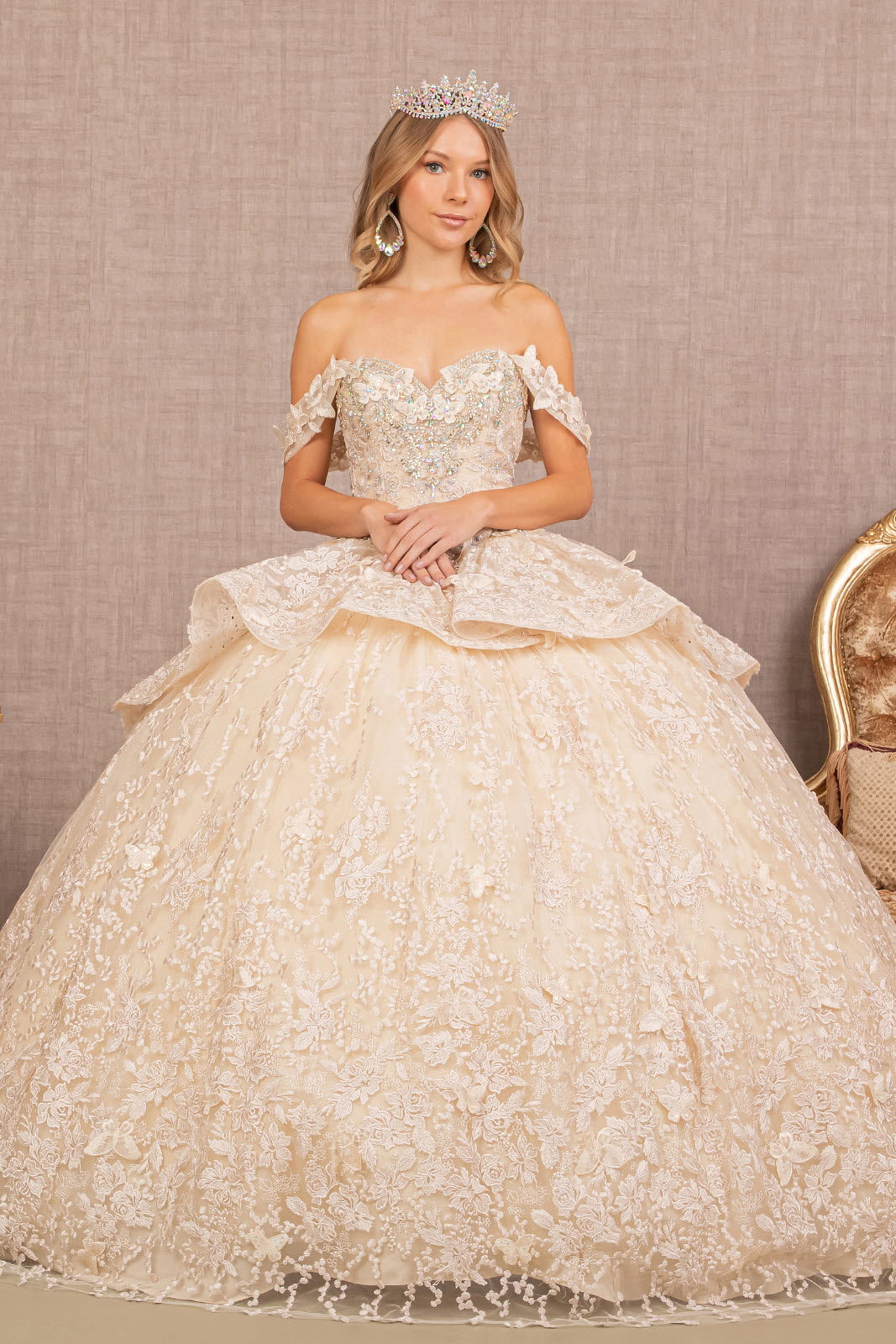 Jewel 3D Butterfly Applique Off Shoulder Mesh Quinceanera Dress GLGL3112