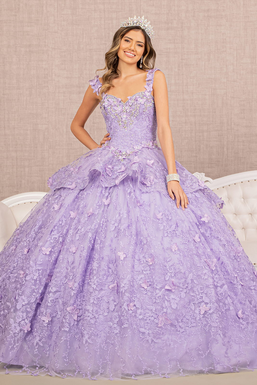 Jewel 3D Butterfly Applique Off Shoulder Mesh Quinceanera Dress GLGL3112