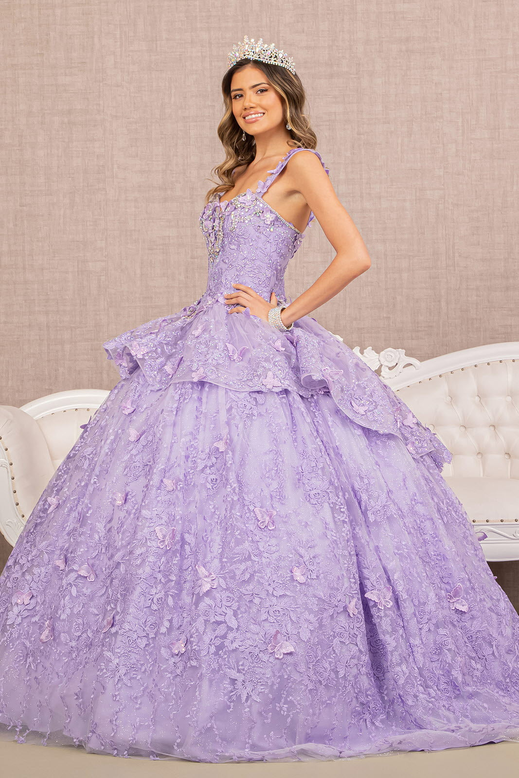 Jewel 3D Butterfly Applique Off Shoulder Mesh Quinceanera Dress GLGL3112