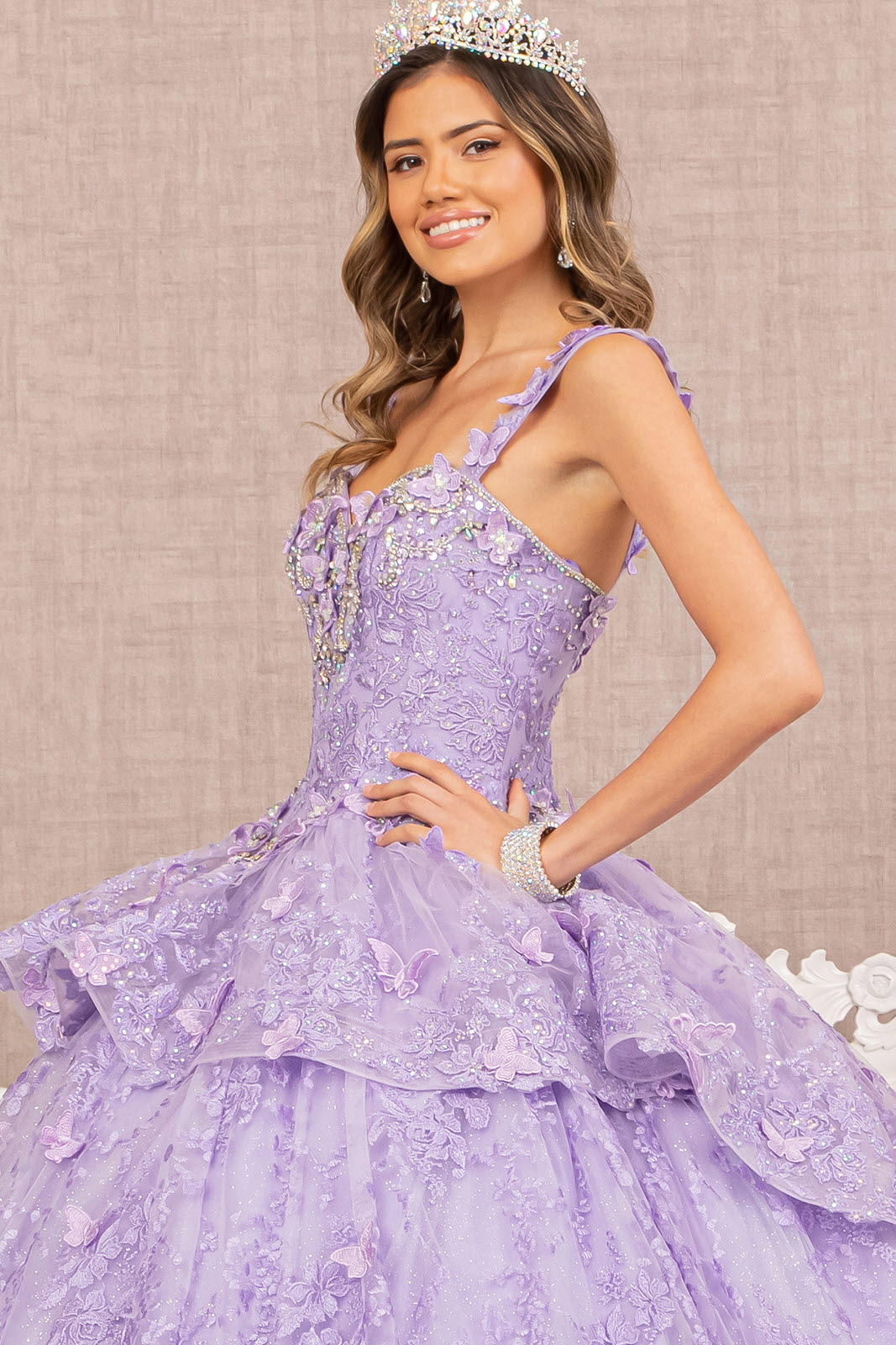 Jewel 3D Butterfly Applique Off Shoulder Mesh Quinceanera Dress GLGL3112