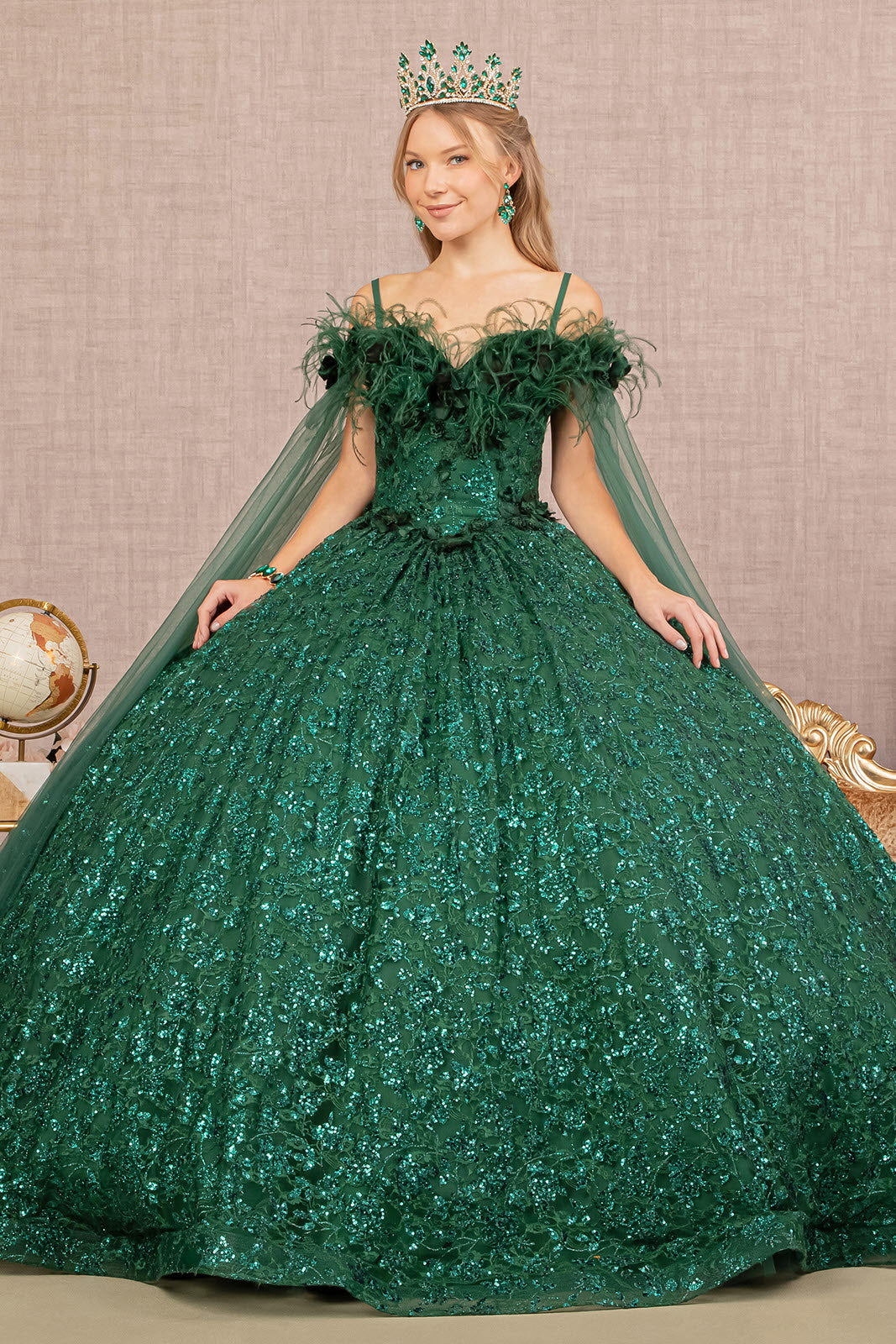 Feather Sequin Lace w/ Detachable Side Mesh Layer Long Quinceanera Dress GLGL3169